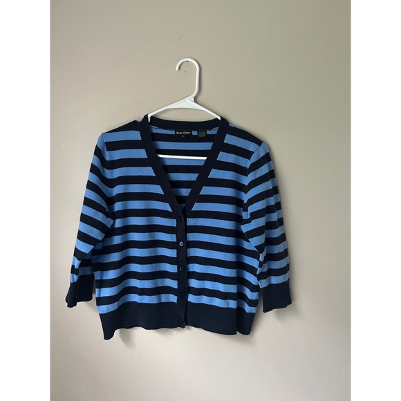 Rosie Glow Sweaters - Y2K  Women's Striped V-Neck 3/4 Sleeve Button Front Cardigan Blue Black Normcore